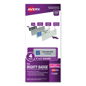 Avery® The Mighty Badge Name Badge Holder Kit, Horizontal, 3 X 1, Laser, Silver, 4 Holders-32 Inserts freeshipping - TVN Wholesale